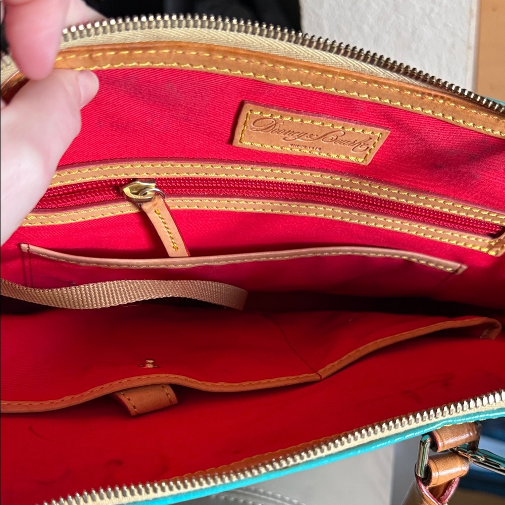 Dooney & Bourke Teal Patent Satchel with Tan Trim - Picture 3 of 6